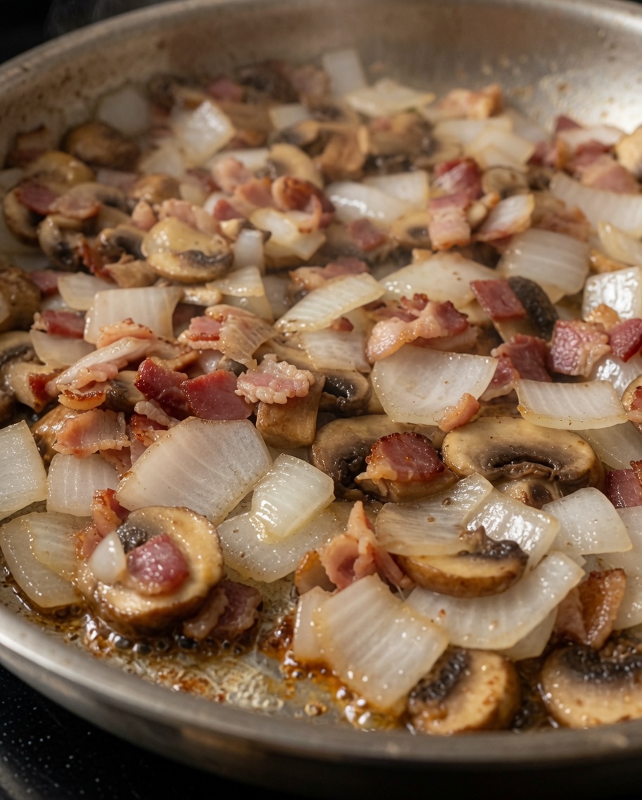 Rich Alfredo sauce being poured into a pan containing sautéed bacon, mushrooms, and onions.