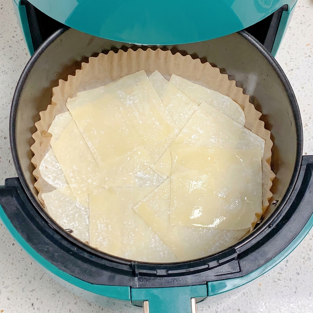 A layer of square wonton wrappers glistening with a light coating of oil inside an air fryer basket.