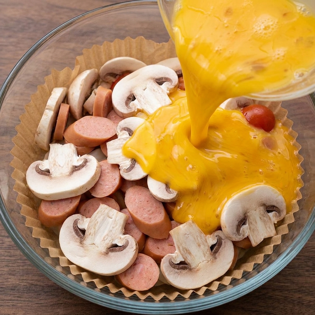 Whisked egg mixture being poured over the arranged ingredients inside the air fryer.