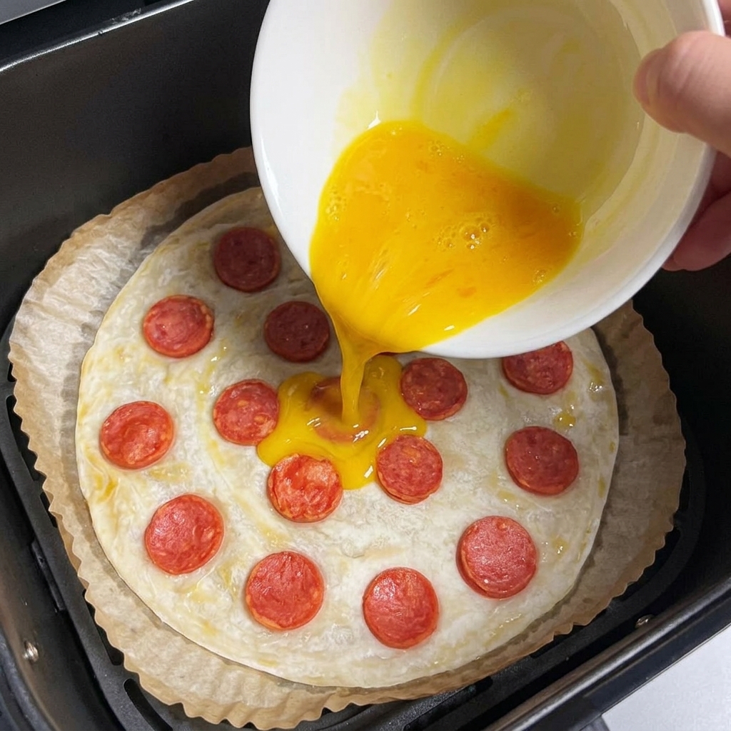 Egg mixture being poured from a bowl onto a scallion pancake topped with sausage slices.