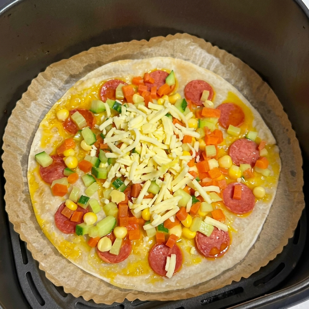 A pizza-style scallion pancake topped with fresh vegetables and a thick layer of shredded cheese.