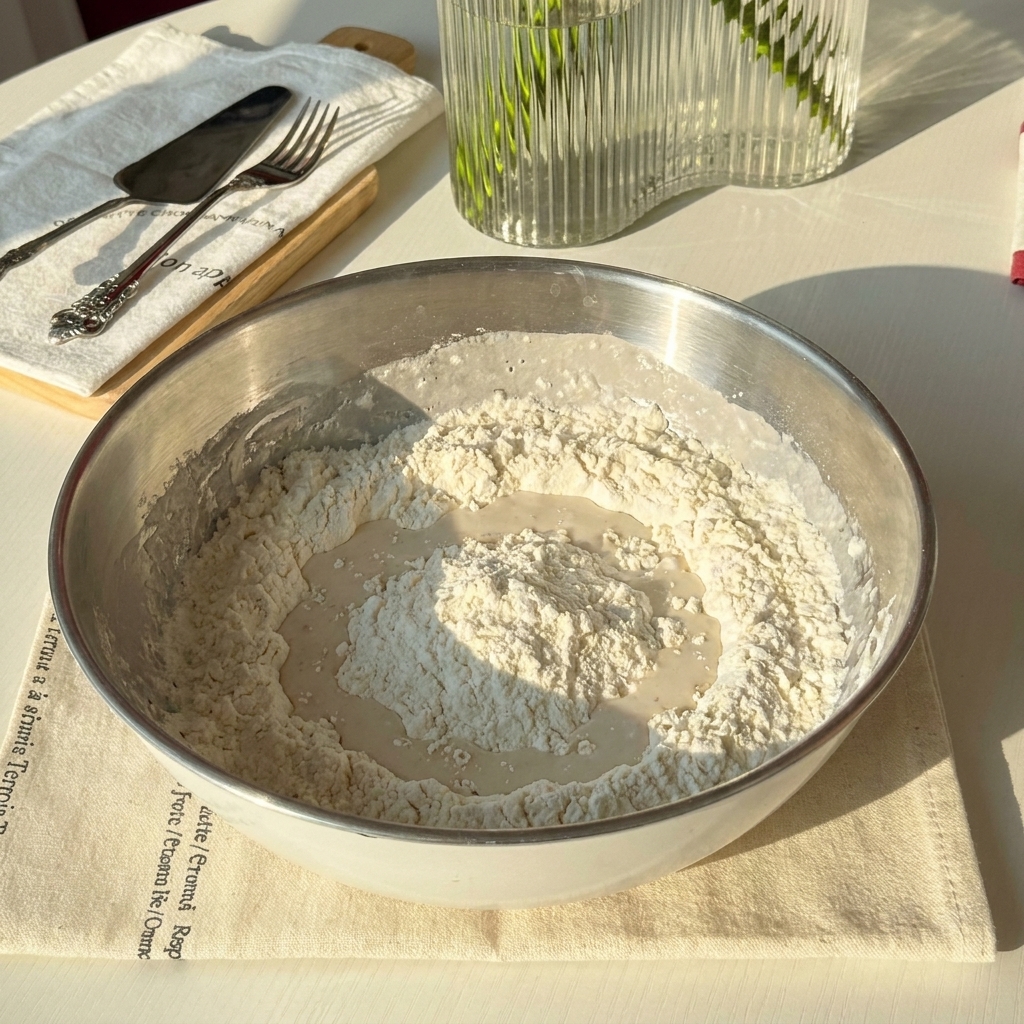 A close-up view of hands mixing flour and water in a metal bowl to form dough.