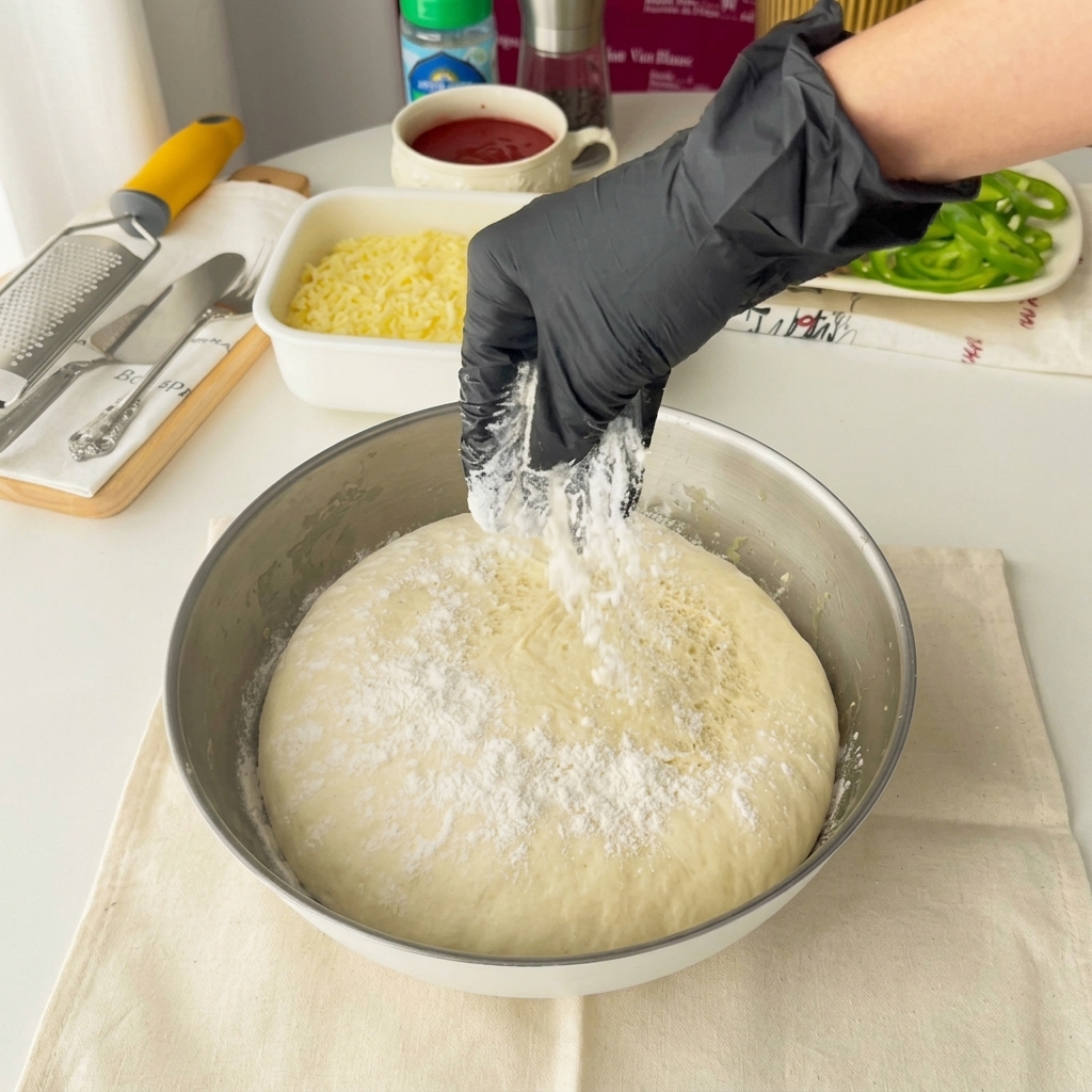 Dough being divided into two portions on a clean, floured surface.