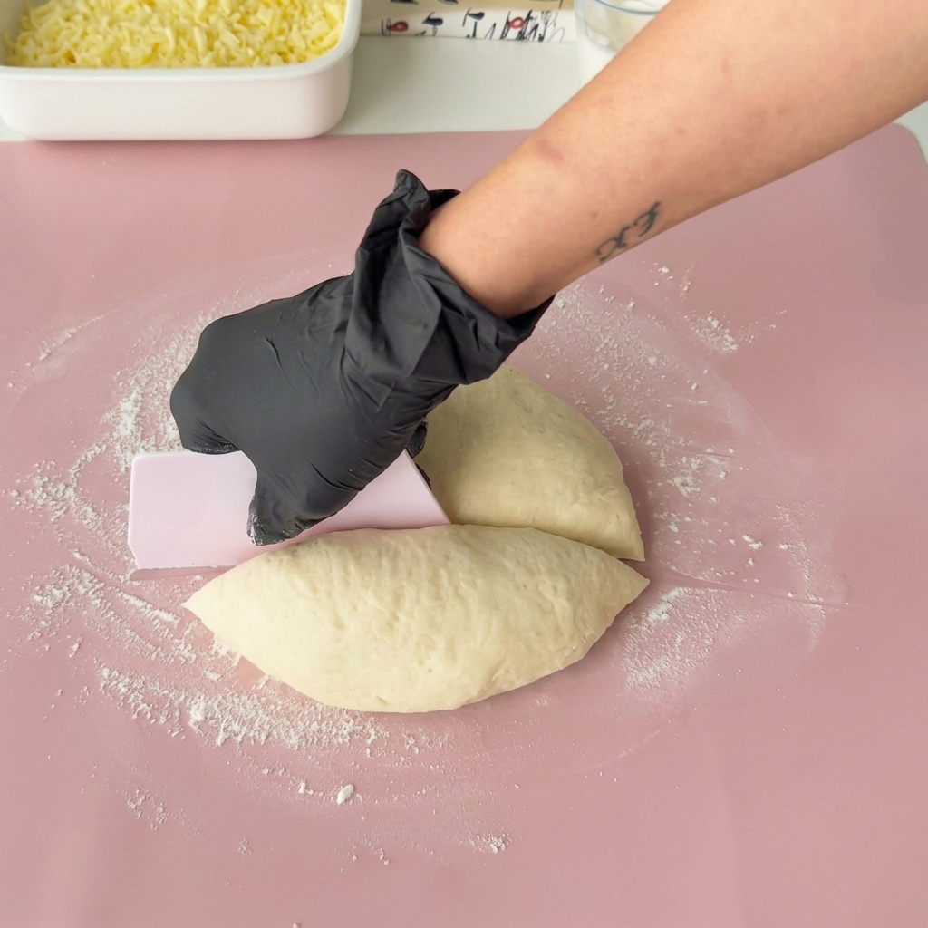 A portion of pizza dough being flattened on a silicone mat with a rolling pin.