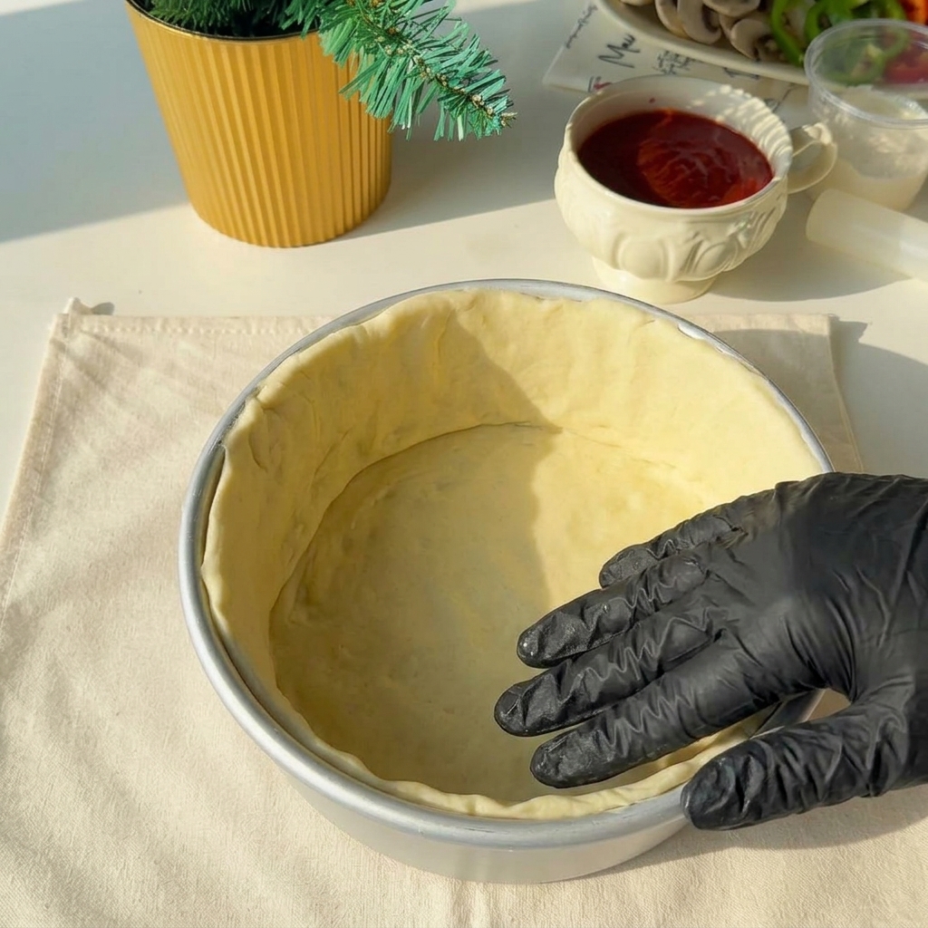 A thick layer of shredded cheese being spread inside the dough-lined 6-inch mold.