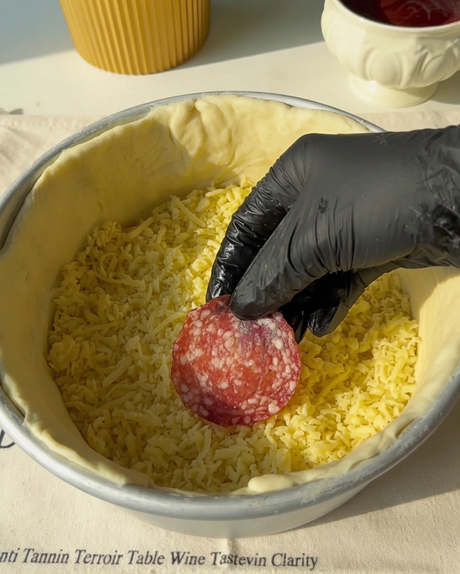 Salami slices being layered over the cheese filling in the mold.