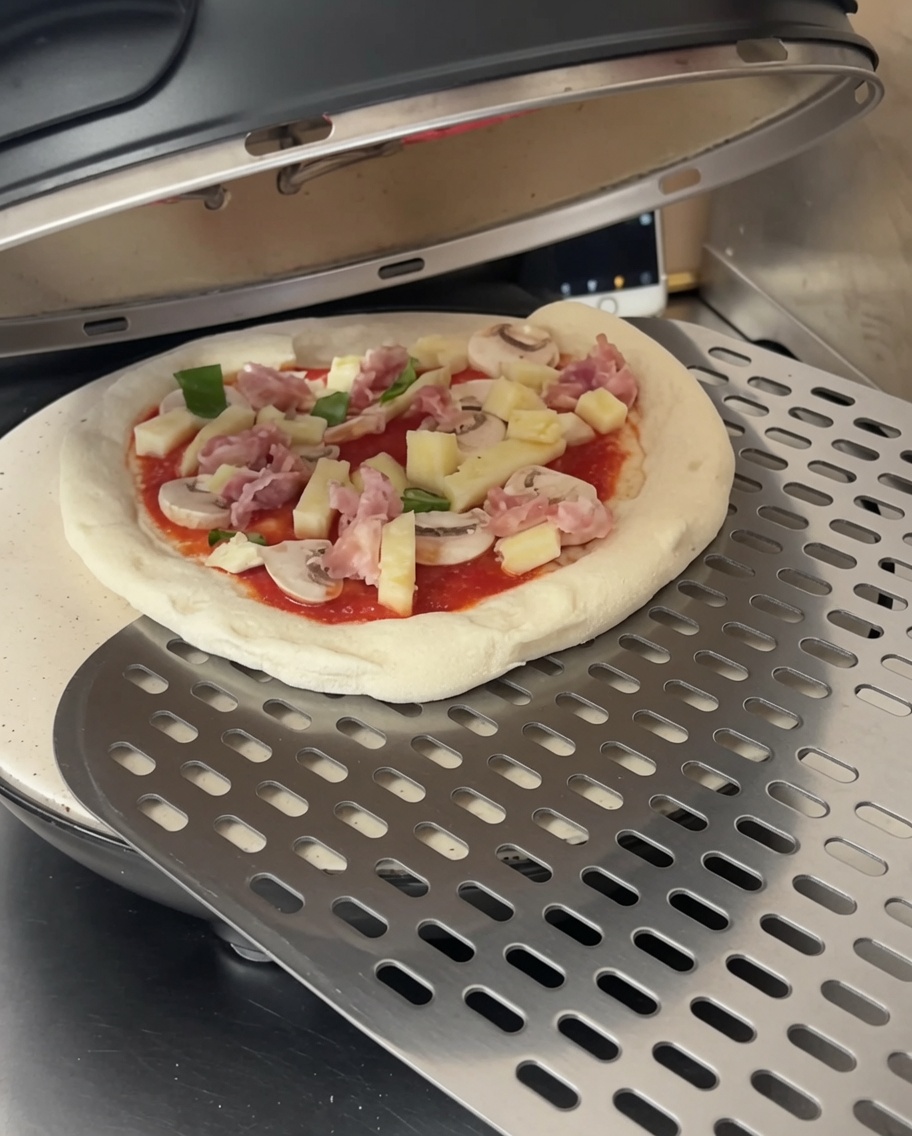 An uncooked pizza loaded with toppings on a metal peel, being placed into an open black countertop pizza oven.