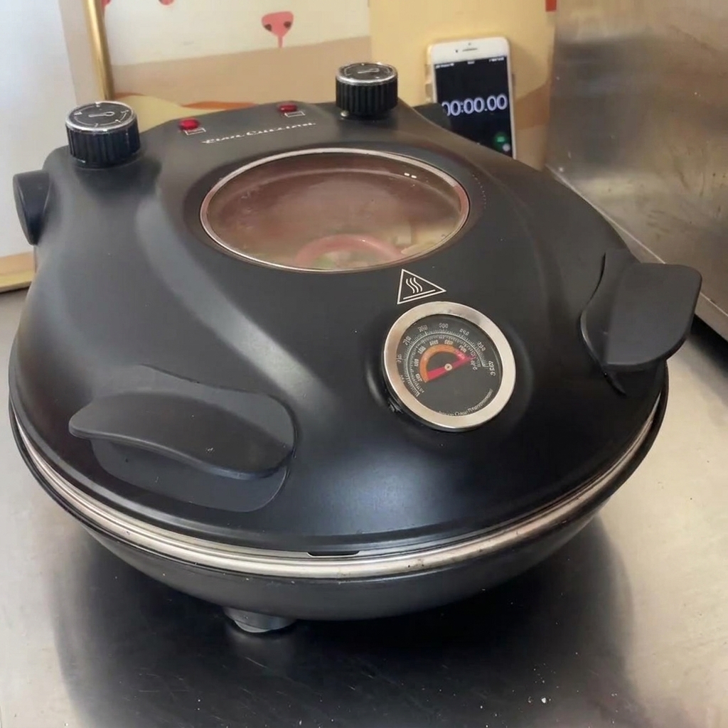 A black countertop pizza oven with its lid closed and temperature gauge visible, sitting on a stainless steel surface.