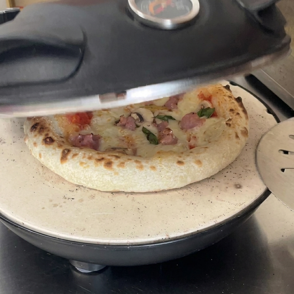 A golden brown pizza with bubbling cheese resting on a stone inside an open countertop oven.