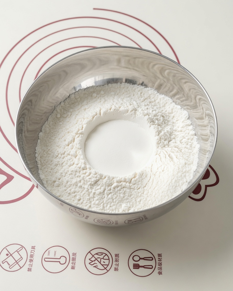 A bowl containing the dry ingredients: flour, yeast, sugar, and salt.