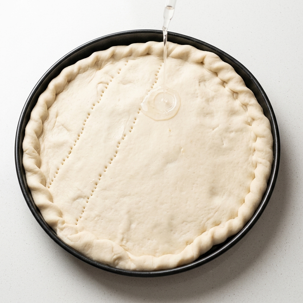 A pizza crust inside a round baking pan being pricked with a fork.