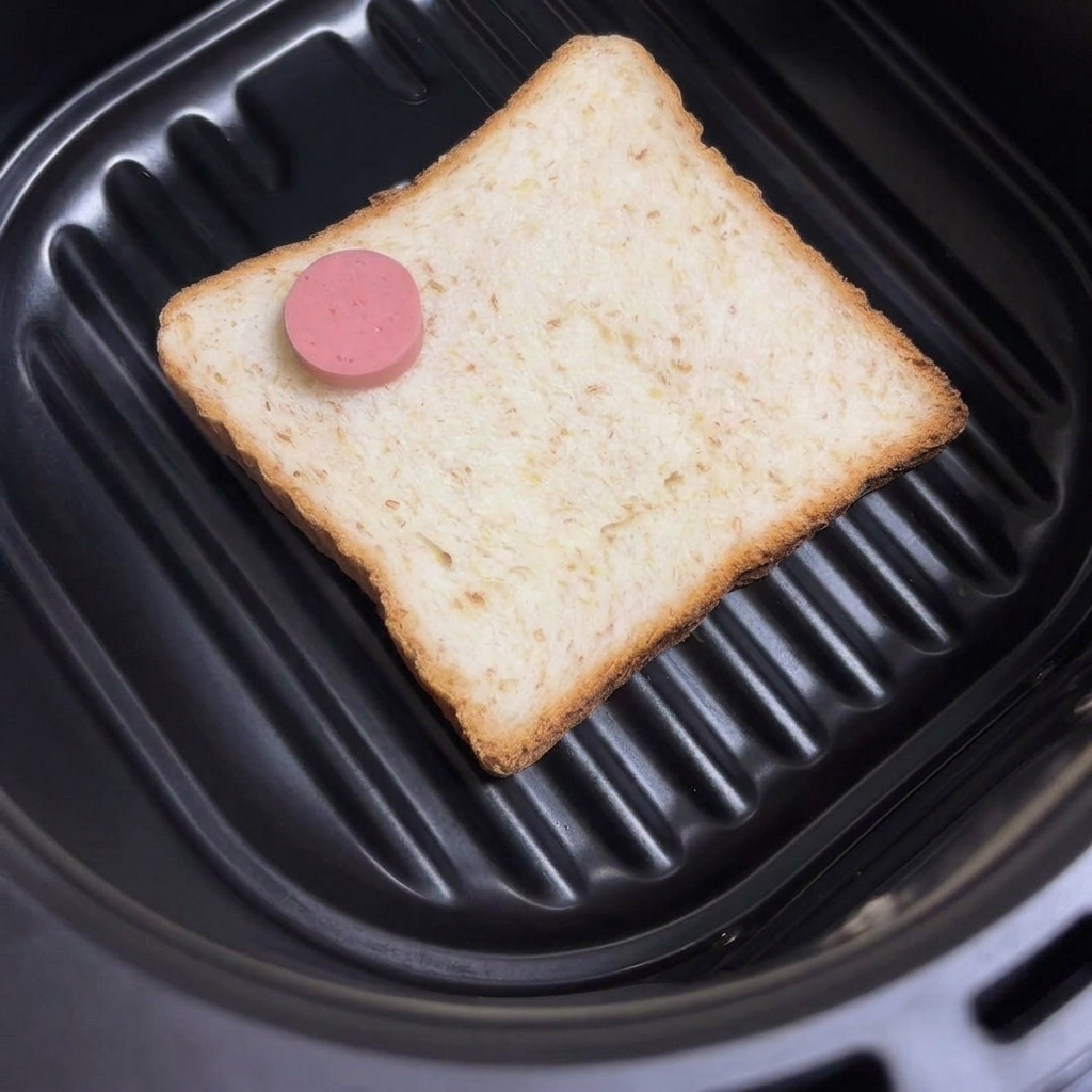 Slices of pink hot dog arranged on top of the white bread in the air fryer.