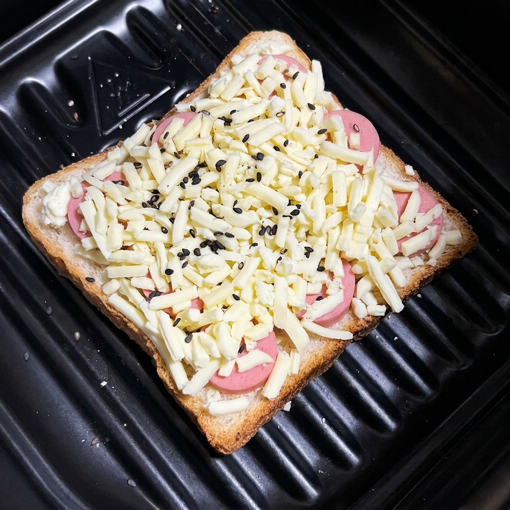 The assembled hot dog and cheese toast topped with black sesame seeds.