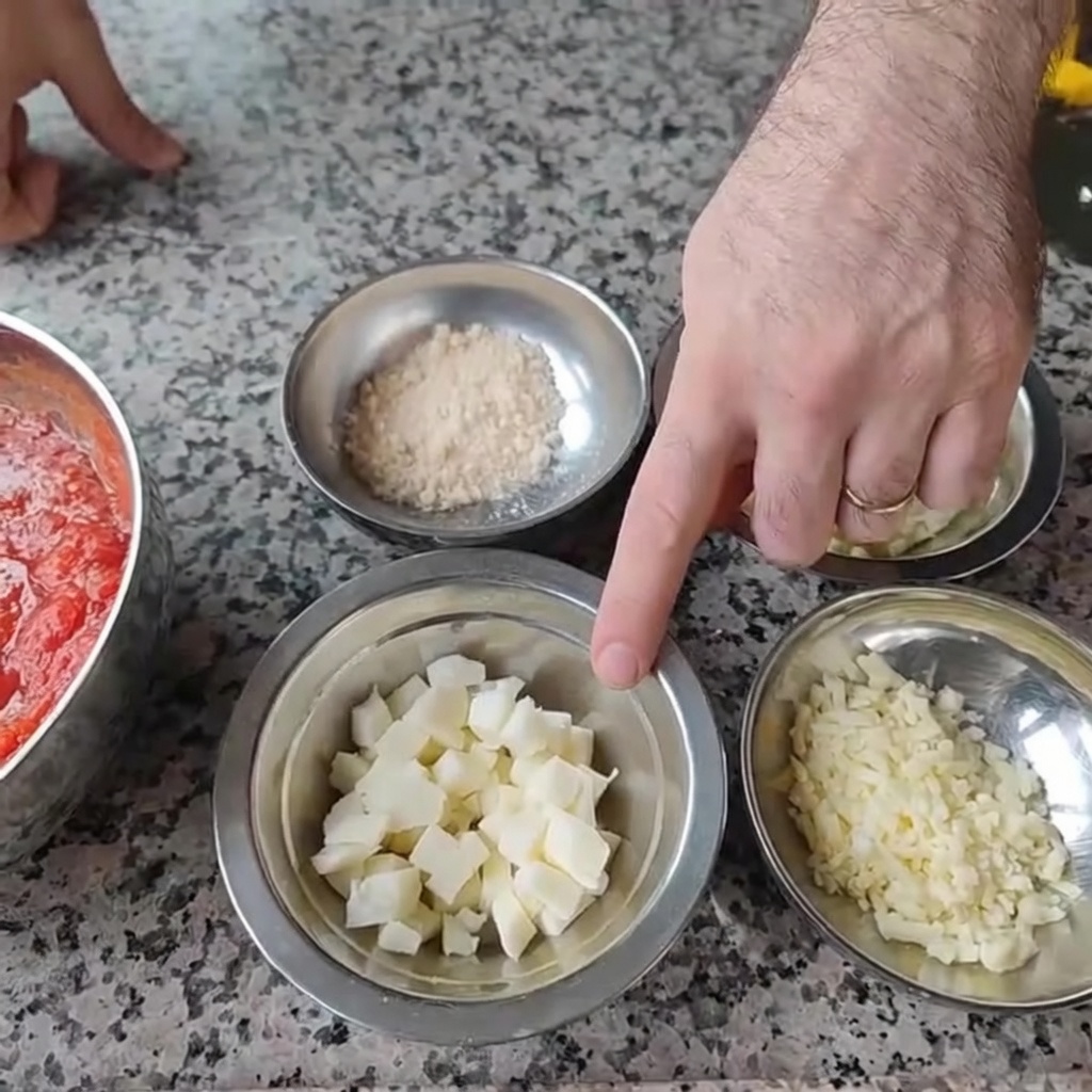 Assortment of six types of cheeses in metal bowls on a marble countertop.