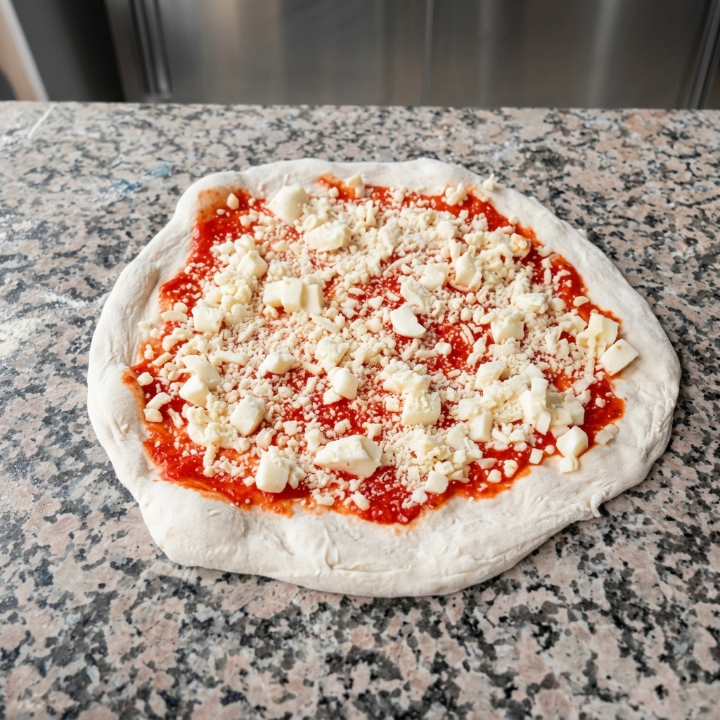 Sprinkling grated hard cheese and dried herbs on top of the assembled pizza.