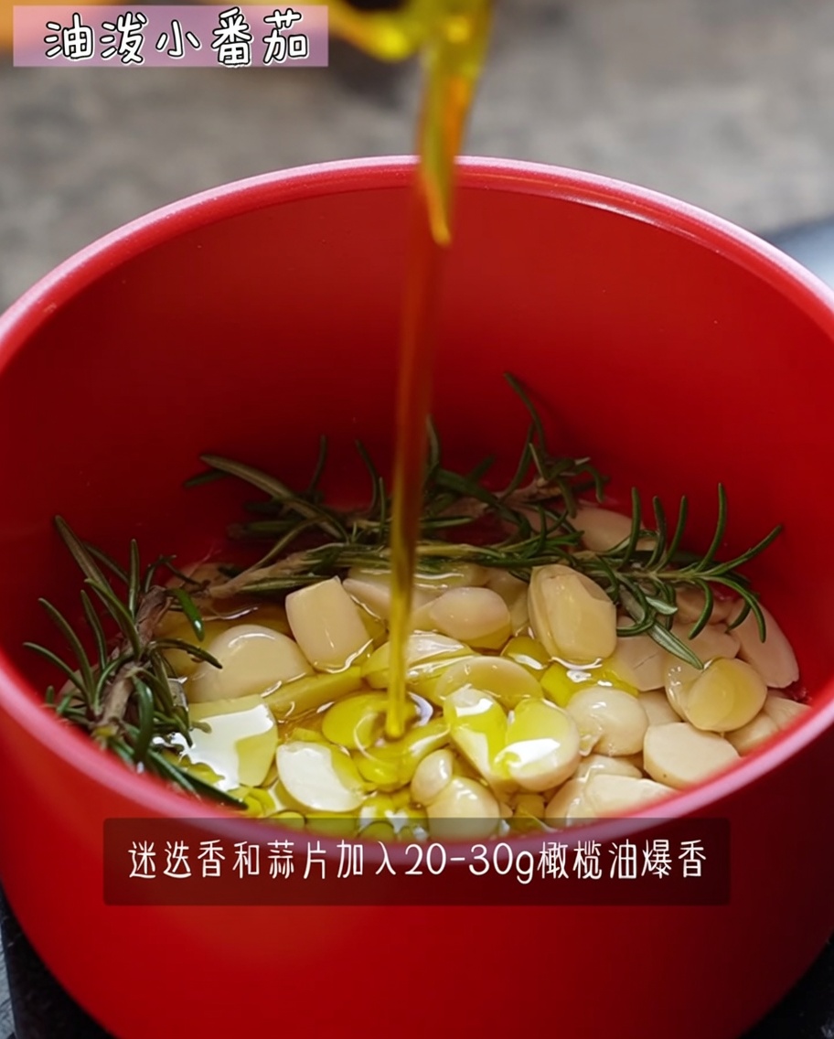 Rosemary, garlic cloves, and olive oil in a red pot being heated on the stove.