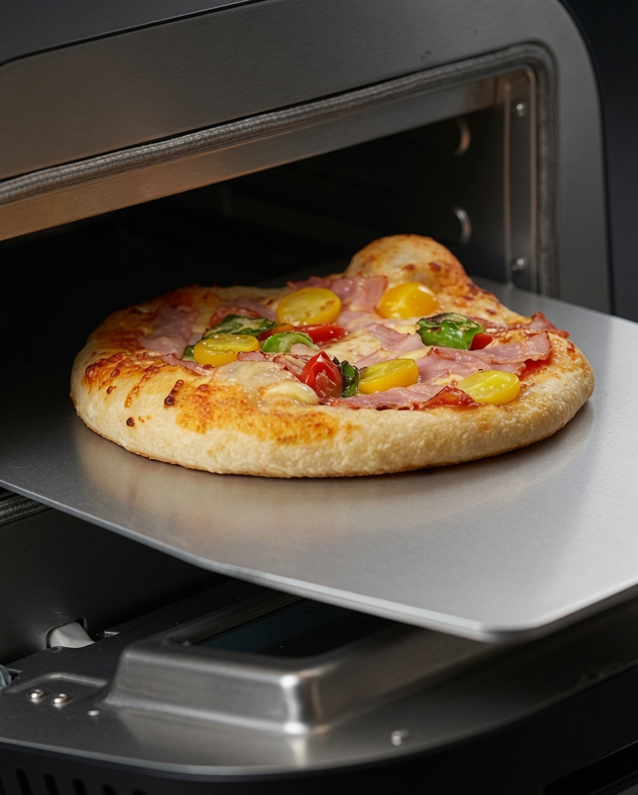 A plastic dough scraper dividing a mound of fermented pizza dough into two portions on a cornmeal-dusted mat.