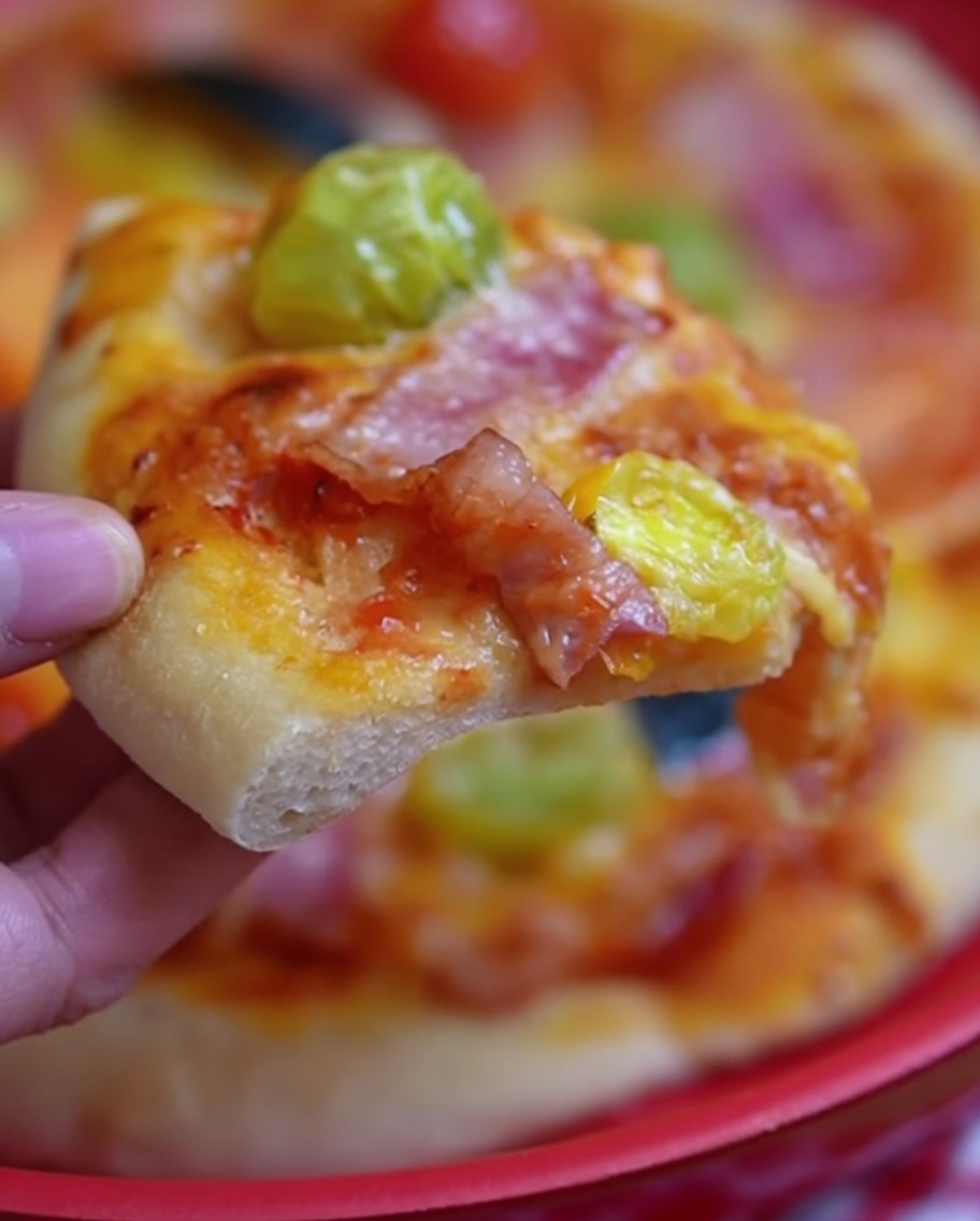 A close-up of a pizza topped with mozzarella, oil-infused cherry tomatoes, and bacon slices, ready to be baked.