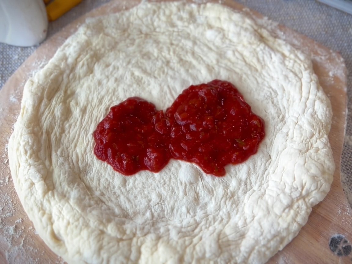 A spoon spreading red marinara sauce across the center of a circular pizza dough base.