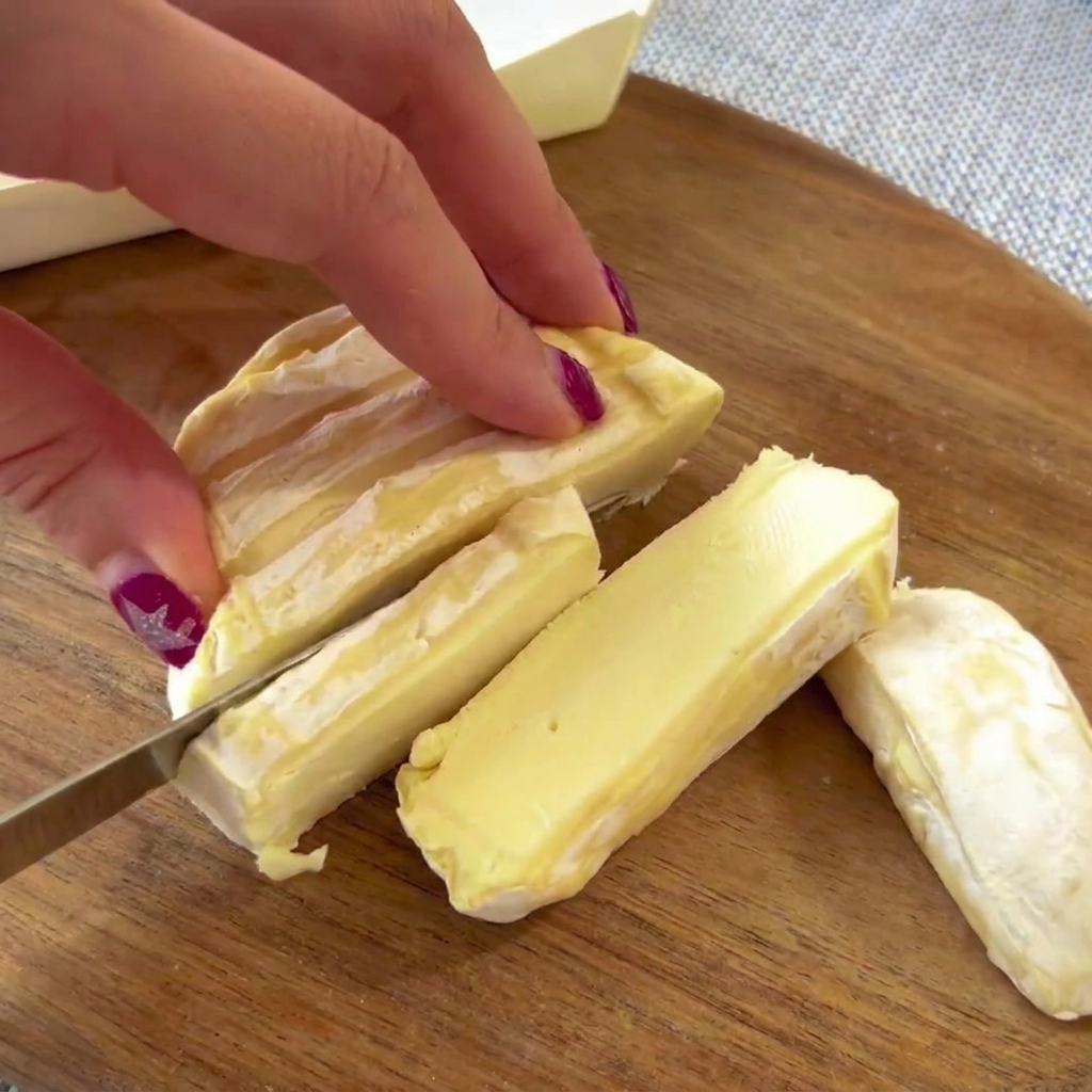 Thick slices of Taleggio cheese being arranged over a layer of salami on a pizza base.