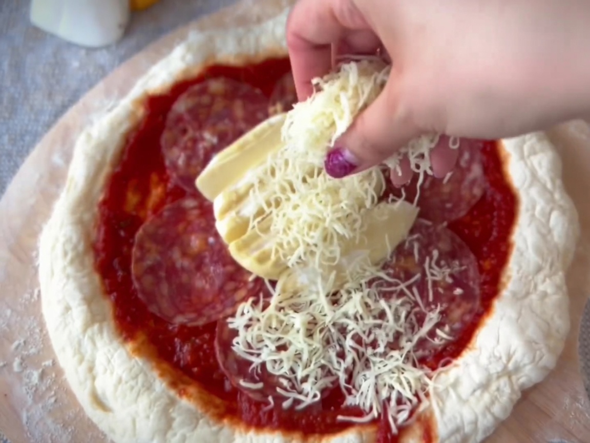 A hand scattering shredded mozzarella cheese evenly over a pizza topped with salami and Taleggio.