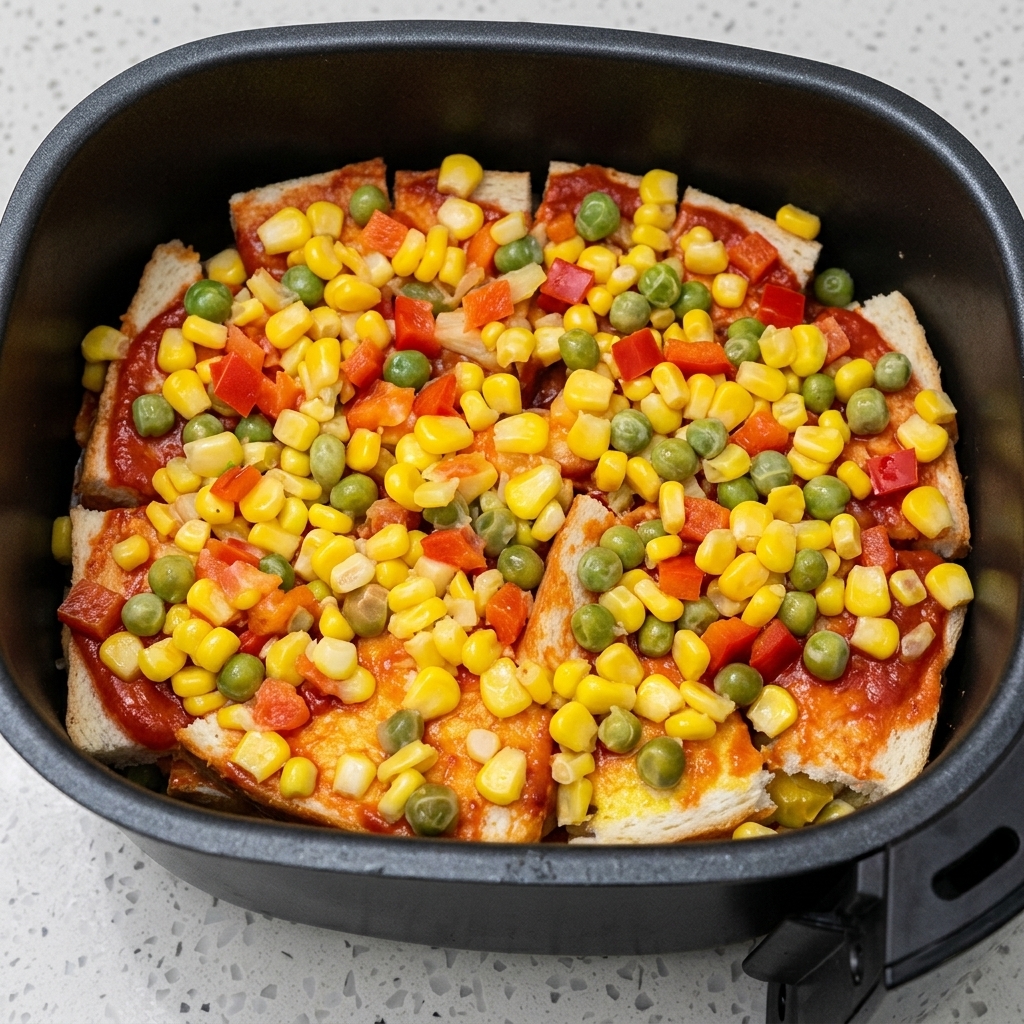 Slices of ham being layered on top of the vegetables in the air fryer basket.