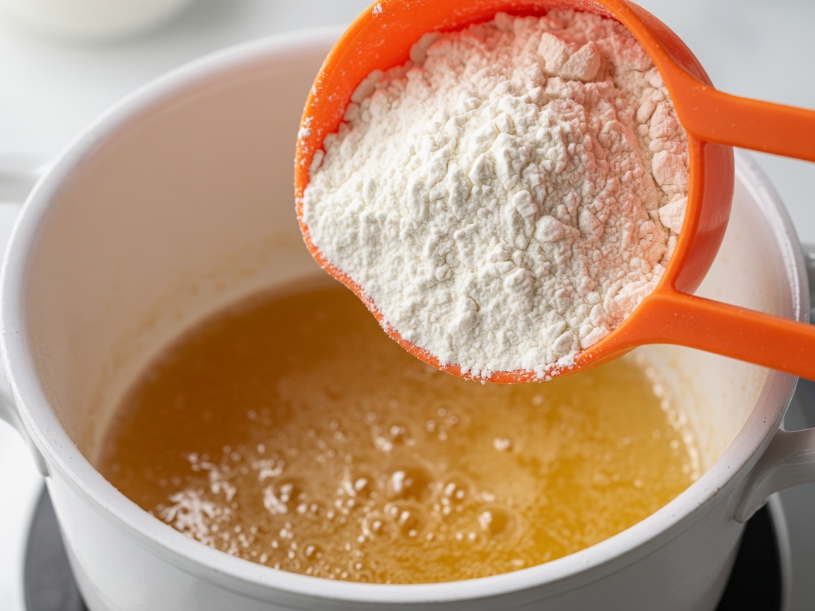 Flour being whisked into melted butter in a white saucepan.