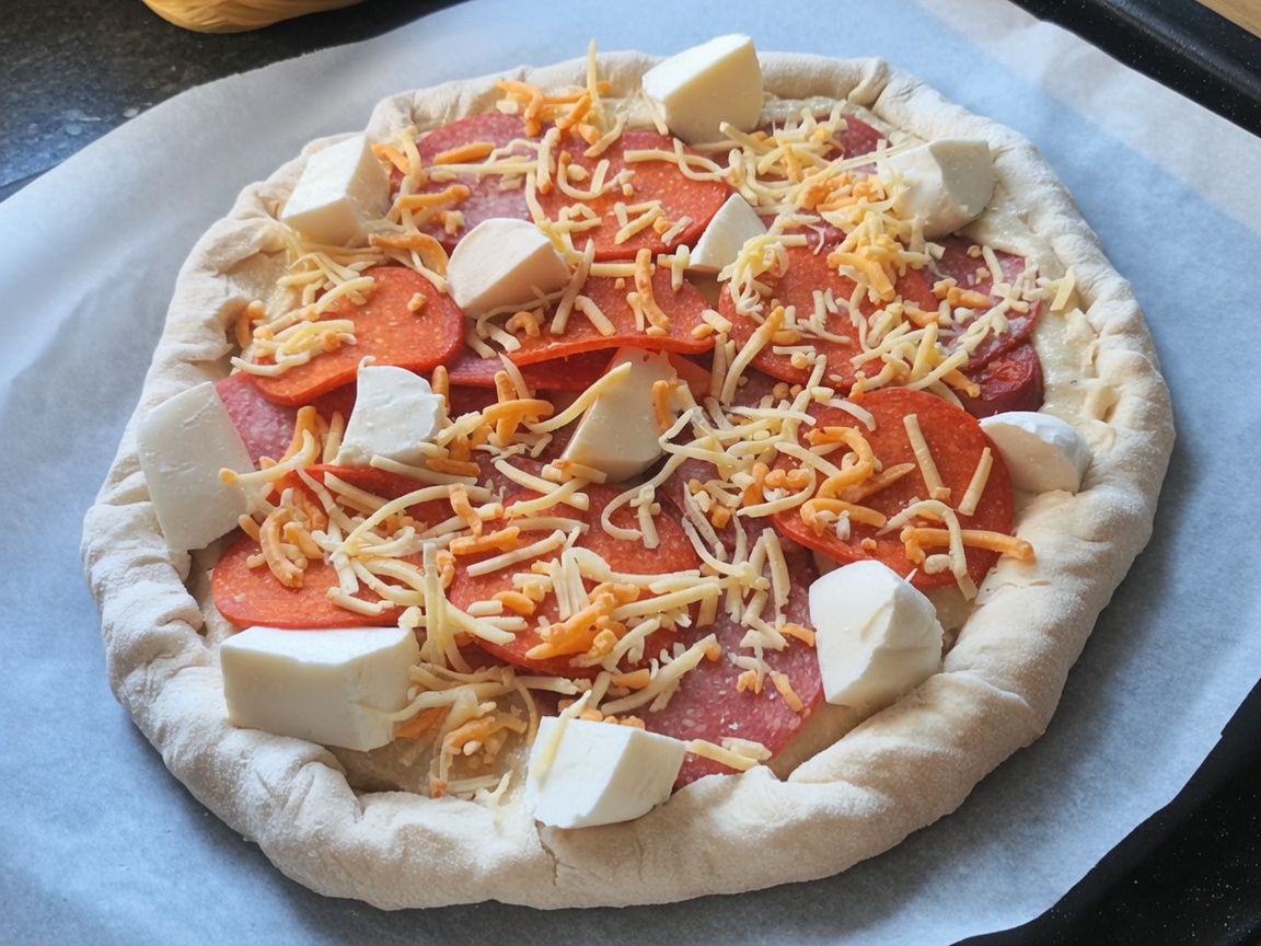 The assembled raw pizza on parchment paper ready to be placed in the oven.