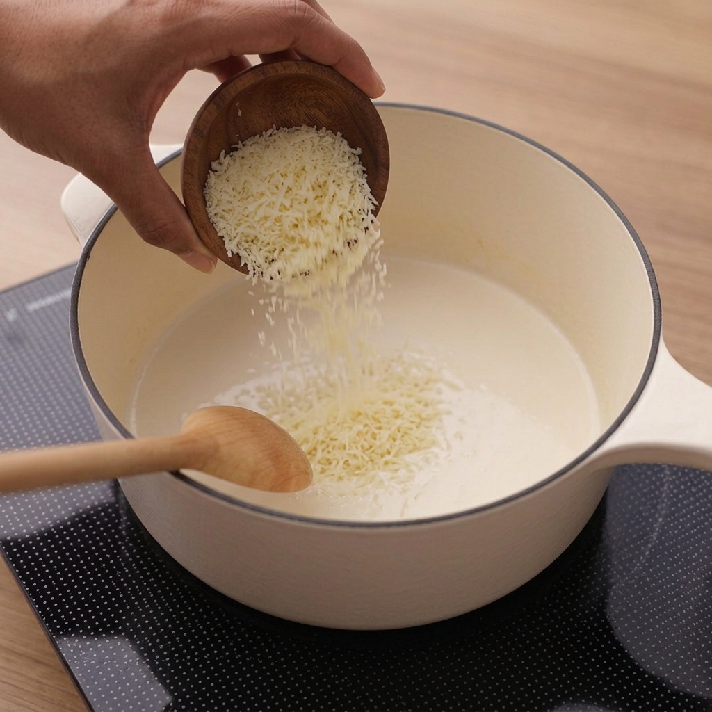 Grated Parmesan cheese falling from a small wooden bowl into a creamy white sauce.