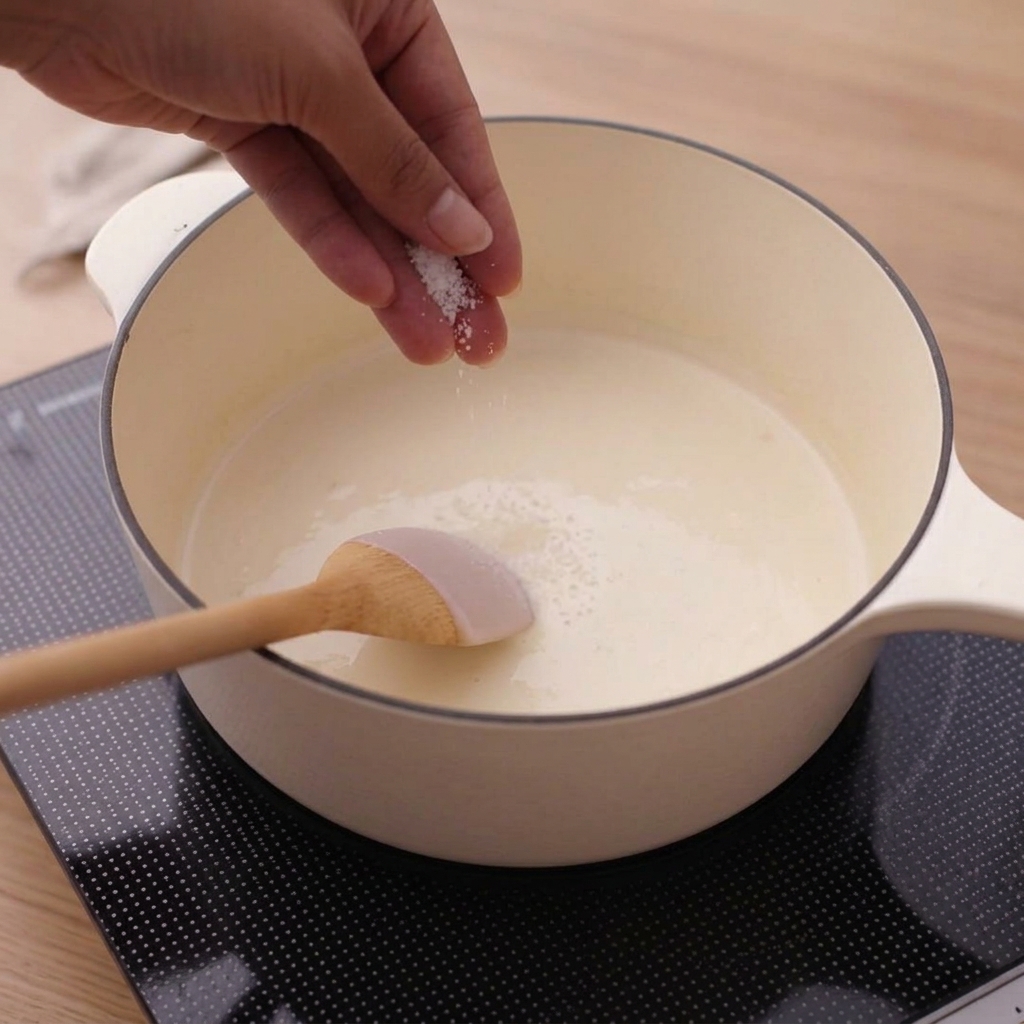 Salt being sprinkled into a simmering creamy sauce in a white pot.