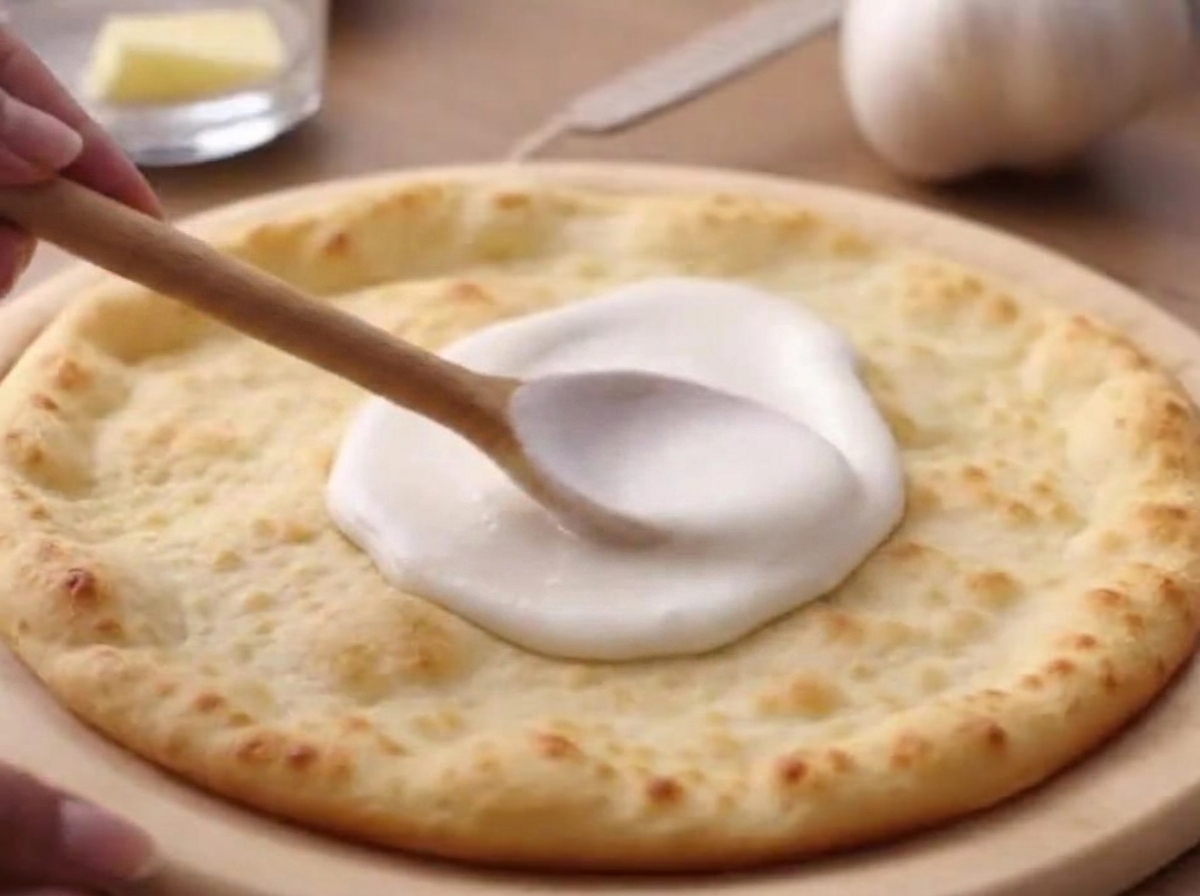 White pizza sauce being spread over a round pizza crust using a wooden spoon.