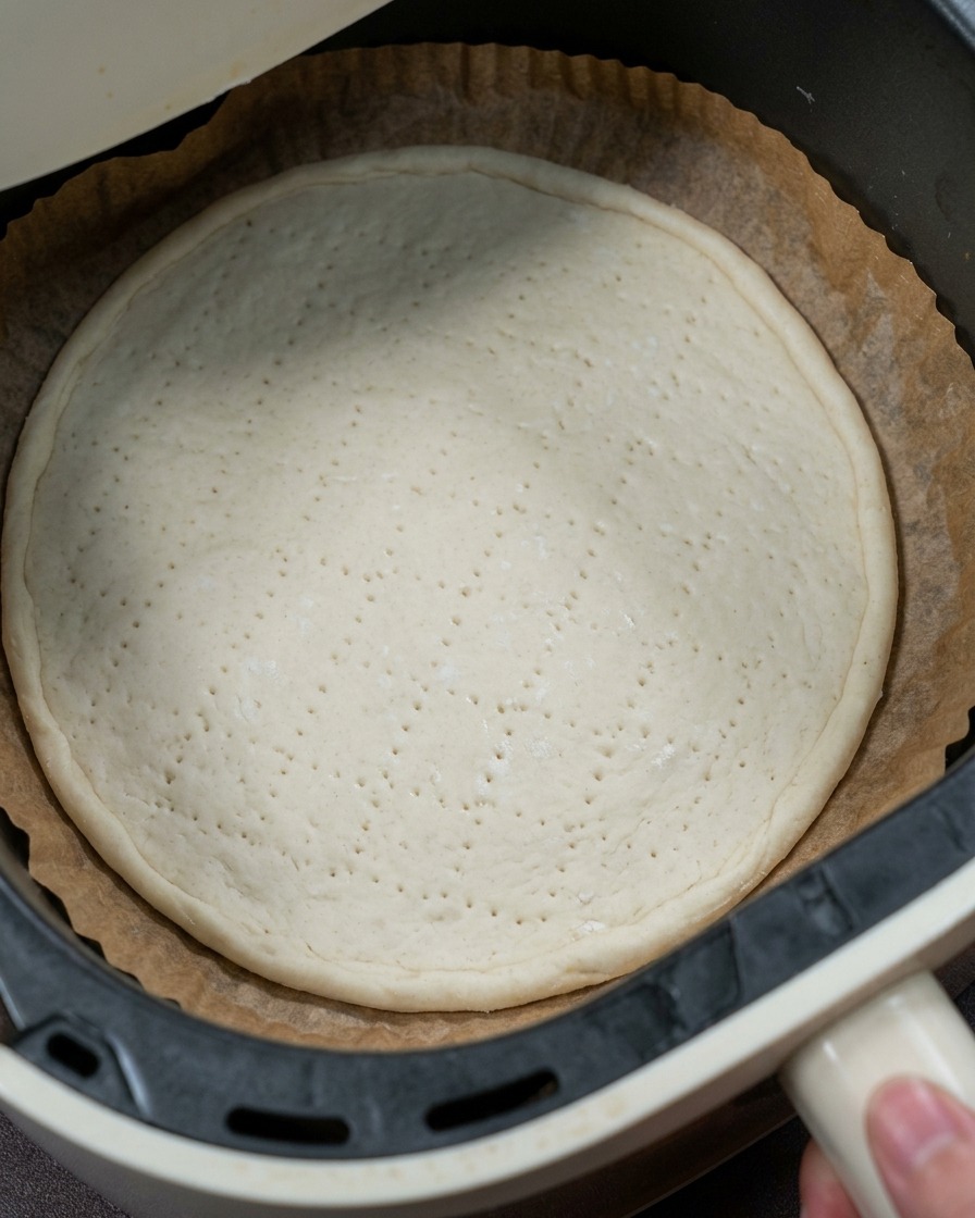 An air fryer basket containing the raw, perforated dough base being slid into the air fryer unit.