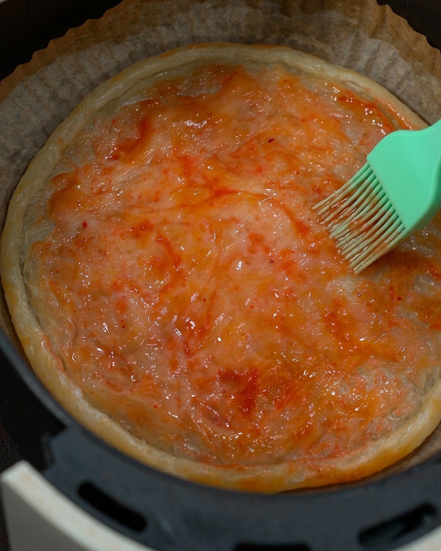 A green silicone brush spreading vibrant red tomato sauce over the surface of a pre-baked, golden-brown crust.