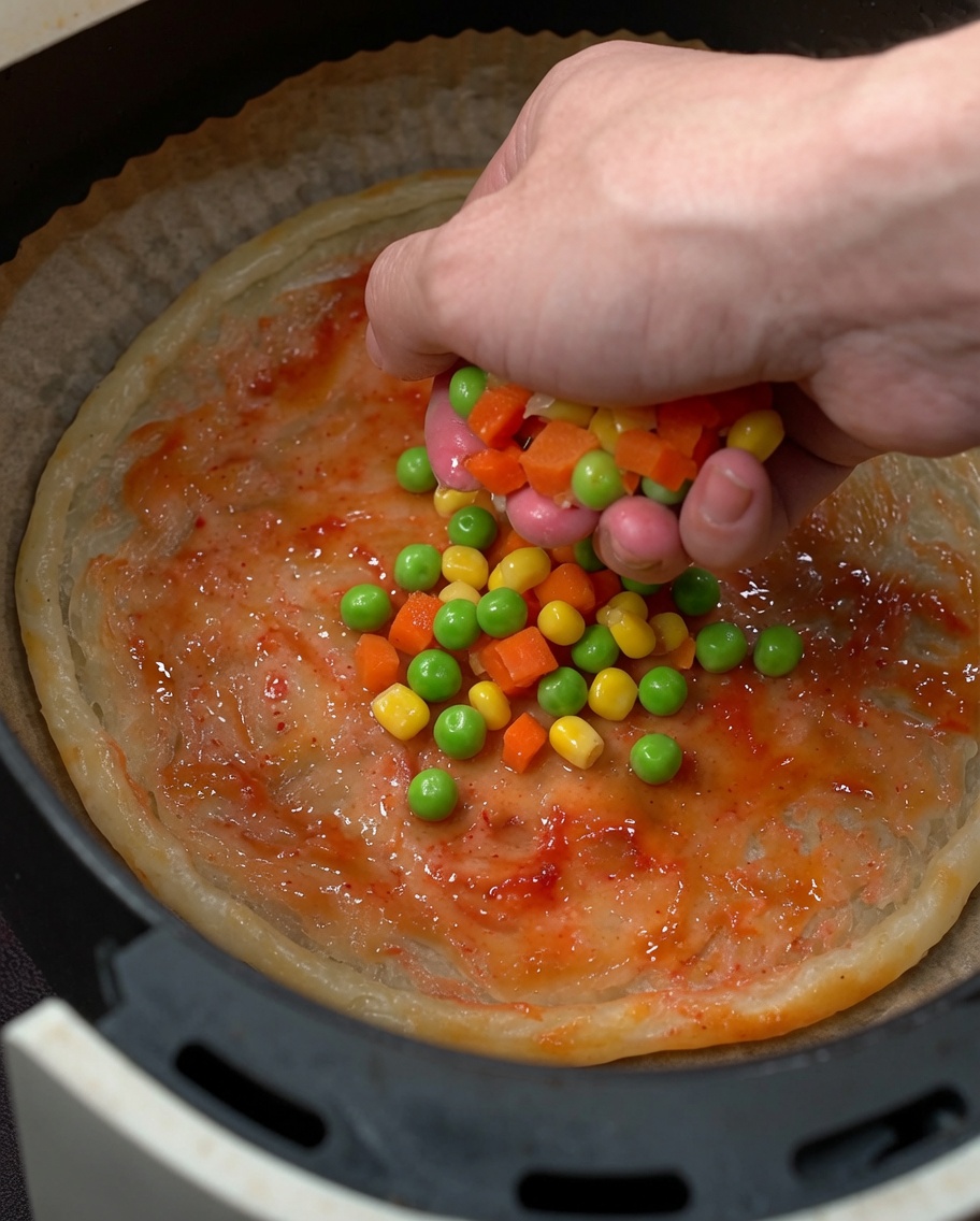 A hand scattering colorful mixed vegetables, including diced carrots, green peas, and corn kernels, over the sauced pizza base.