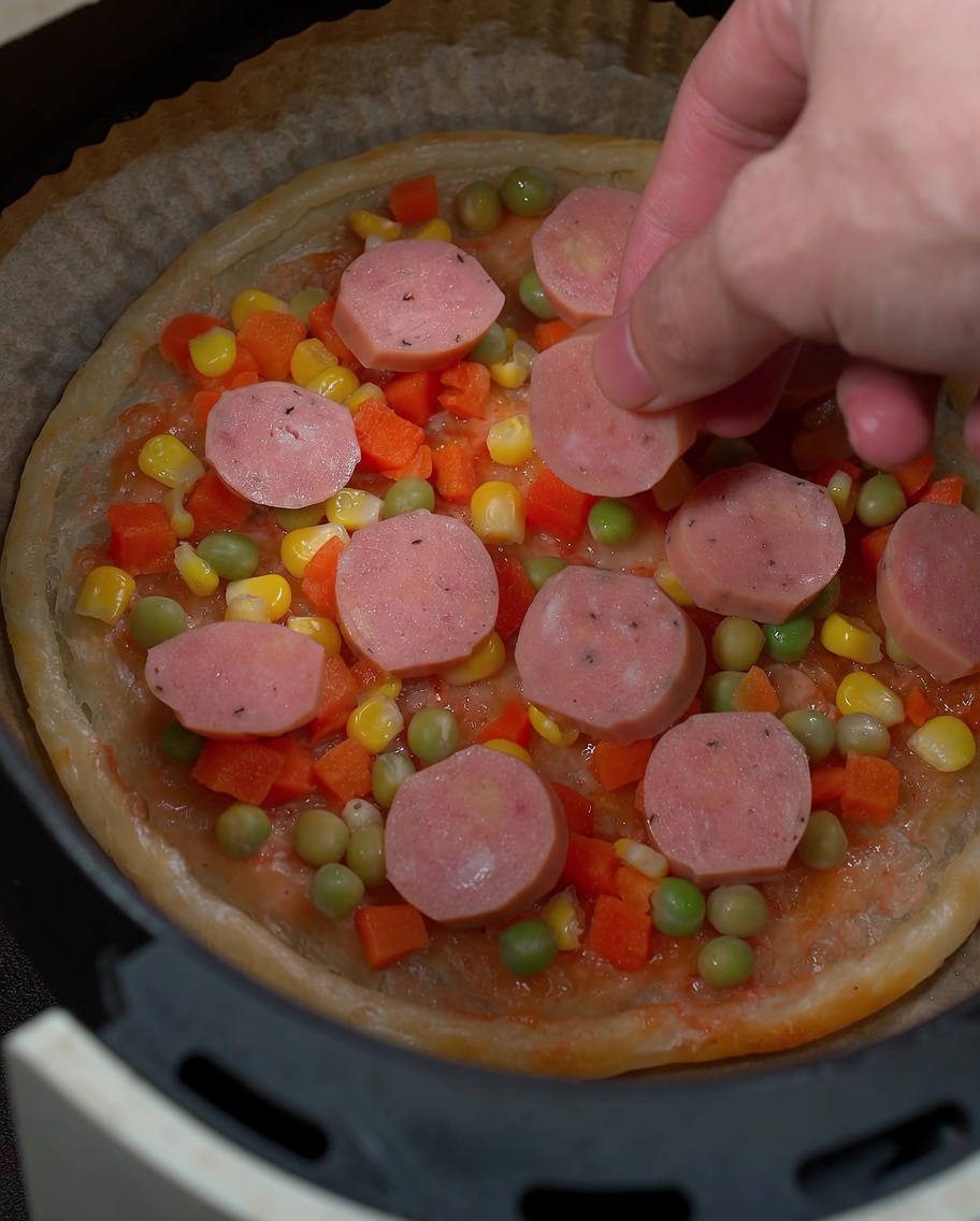A hand placing circular pink sausage slices on top of the vegetable-covered pizza base.
