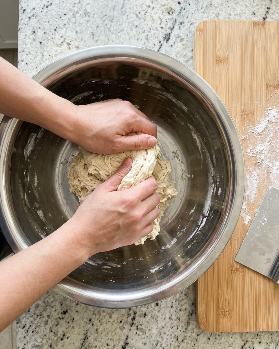 A person wearing black gloves spreading oil inside a large stainless steel mixing bowl.