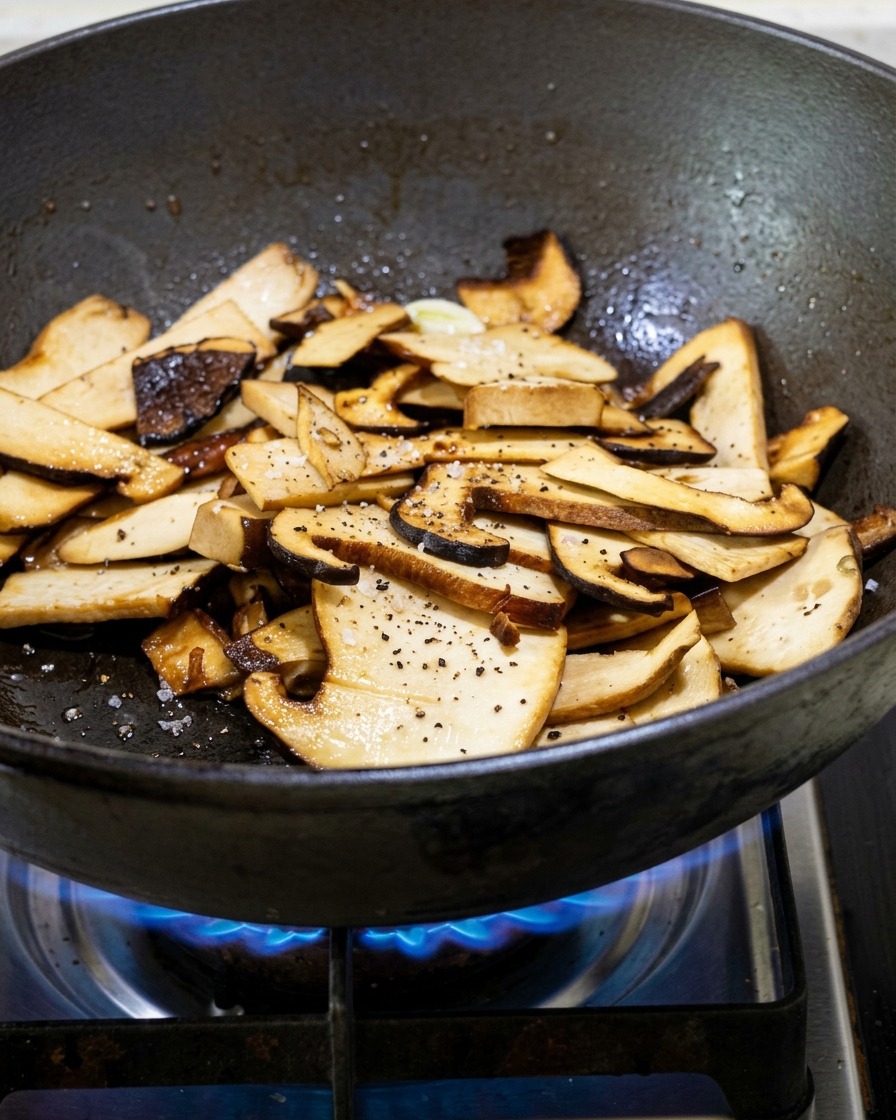 Sliced mushrooms stir-frying in a hot pan with garlic and seasonings.