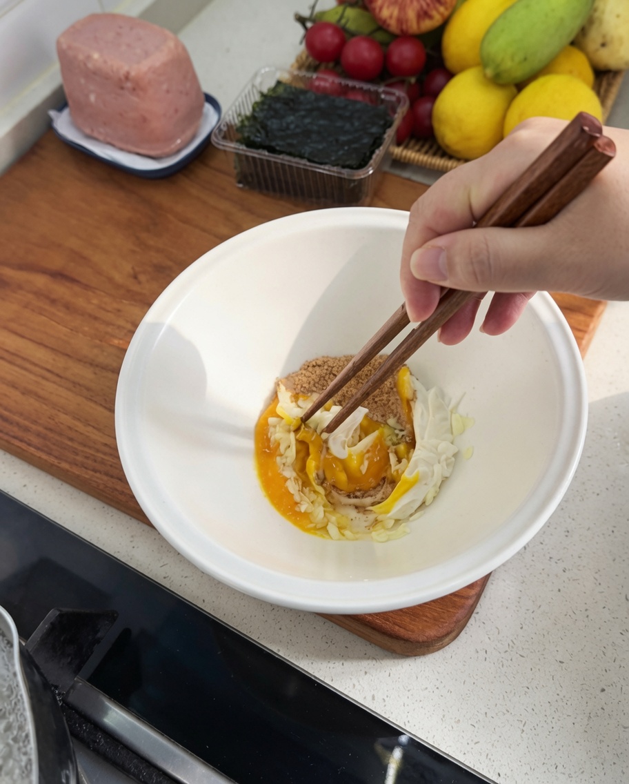 Chopsticks stirring the garlic, egg yolk, and seasoning mixture inside the white bowl.