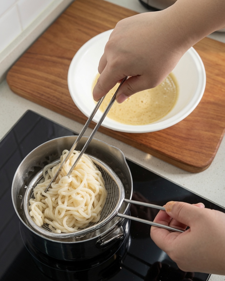 Boiled ramen noodles being lifted from a pot with a metal strainer and placed into the prepared soup bowl.