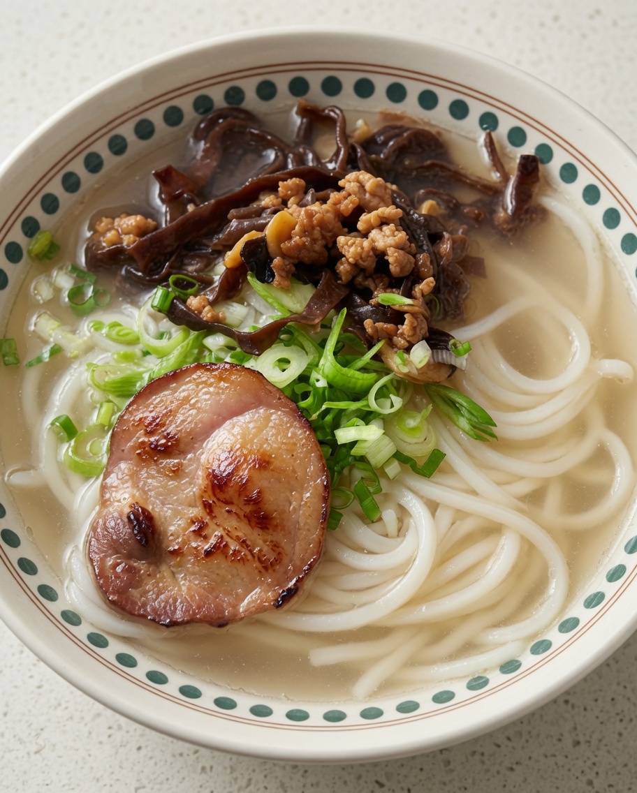 A close-up view of a ramen bowl with noodles, stir-fried wood ear mushrooms and minced meat, and freshly placed seared Chashu pork slices.