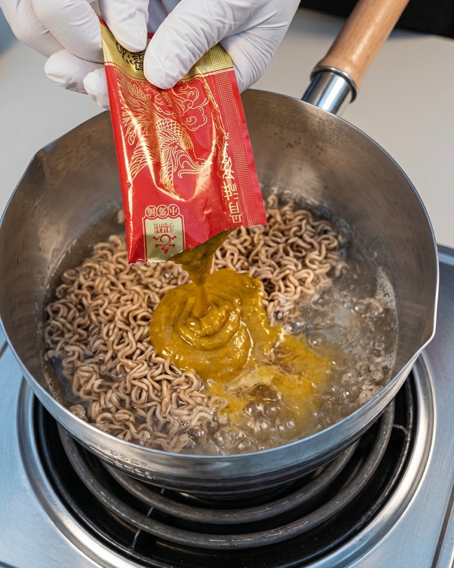 Japanese pork bone soup base being squeezed from a packet into boiling water.