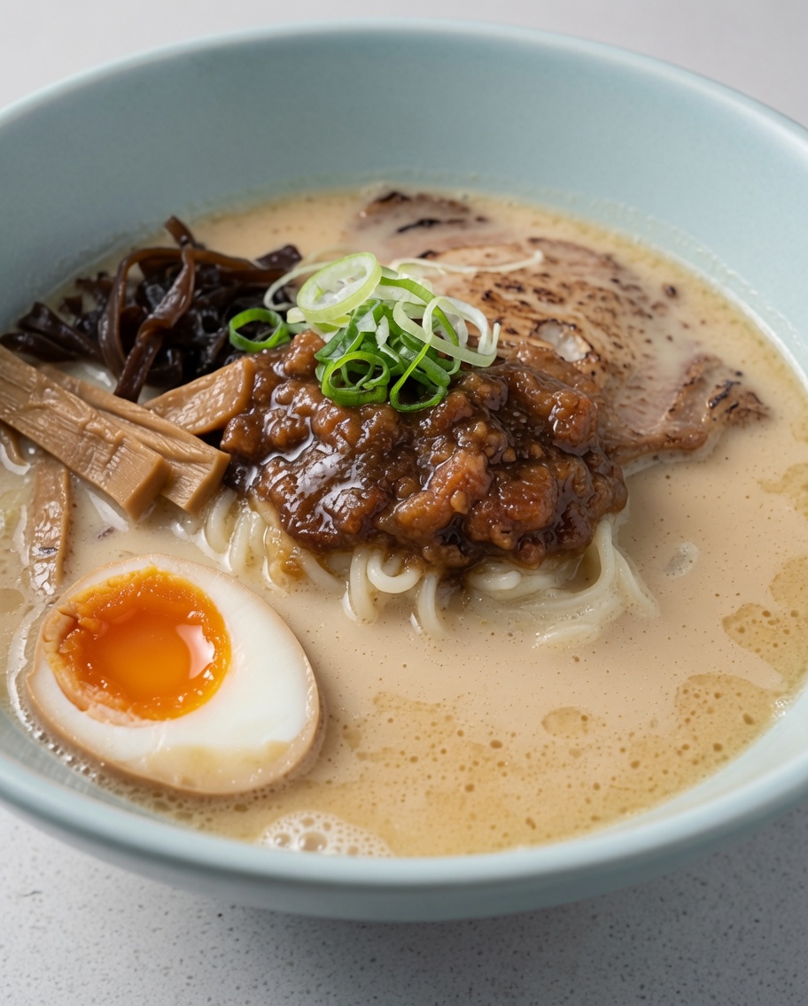 Finished ramen bowl garnished with green onions, fried shallots, and sheets of nori seaweed.