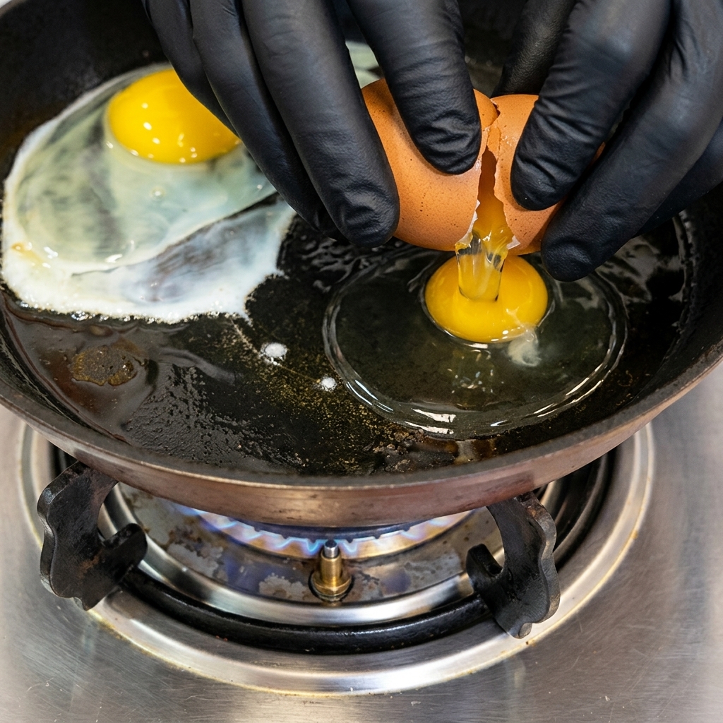 Gloved hands carefully cracking two raw eggs side-by-side into a hot, oil-coated frying pan.