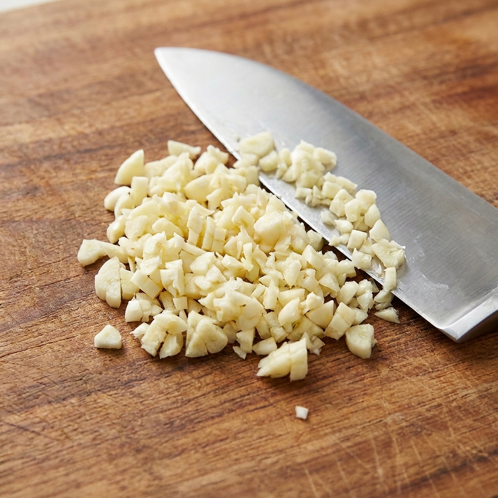 A small pile of finely chopped garlic resting on a wooden cutting board next to a chefs knife.
