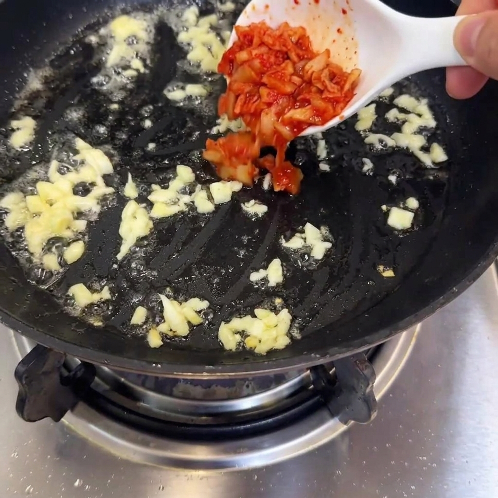 Kimchi pieces being added to a pan with golden sautéed garlic.