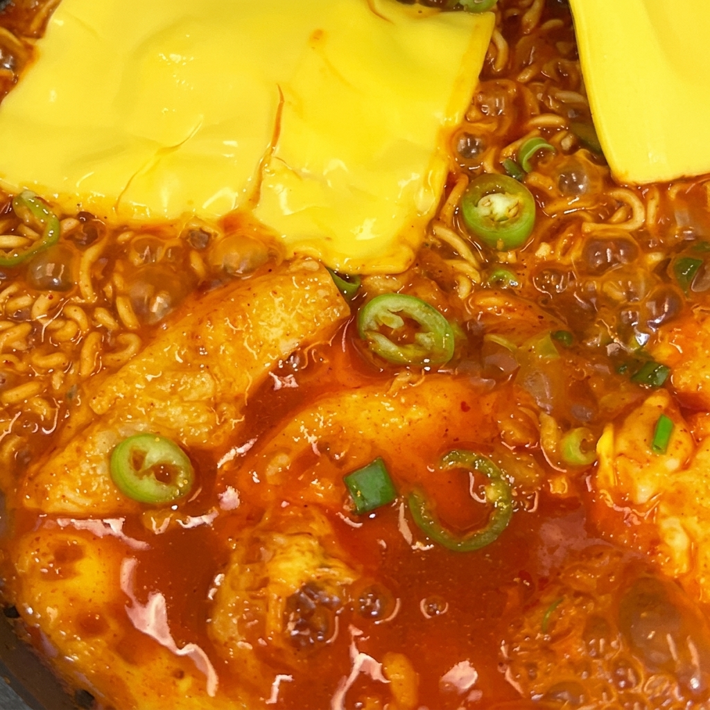 Two slices of yellow cheese melting on top of spicy ramen noodles in a pan.