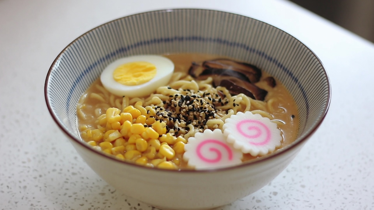 A warm, creamy bowl of miso ramen topped with sliced hard-boiled egg, sweet corn, earthy shiitake mushrooms, and vibrant narutomaki.