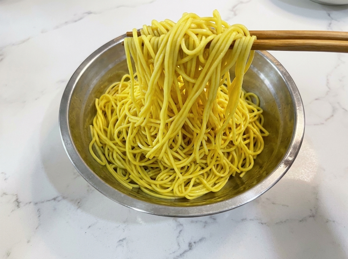 A large portion of yellow noodles being added to the pan to combine with the bacon and vegetables.