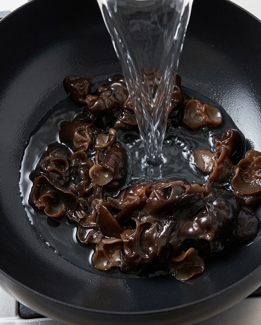 Water being poured into a pot containing wood ear mushrooms.