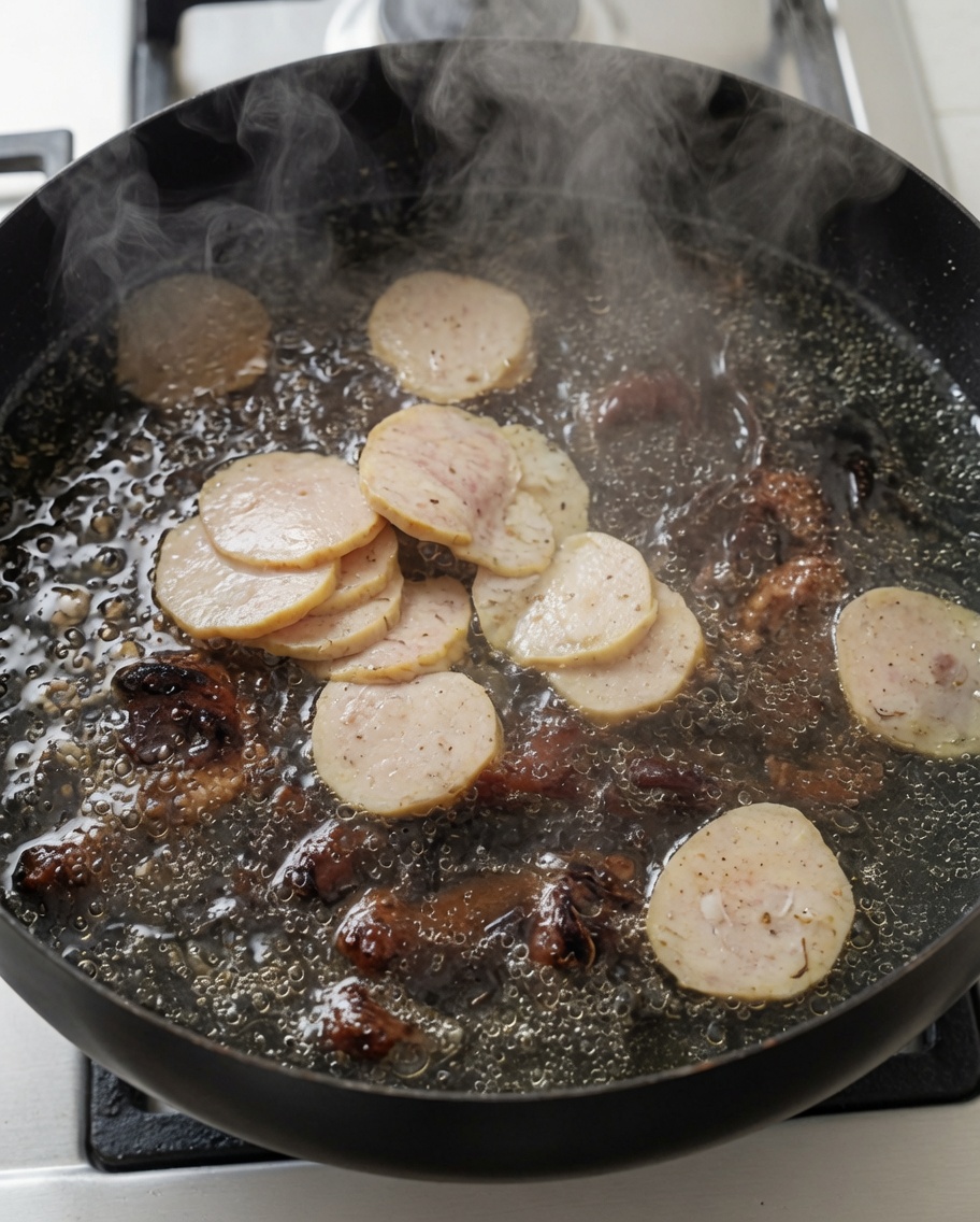 Fish cakes and sausage strips being added to a pot of boiling soup.